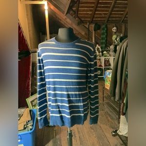 Mens crew neck super soft blue white striped stripe lightweight sweater L XL